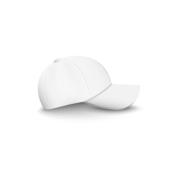 Baseball white cap and hat for the head, realistic blank template and mockup. Baseball white cap and hat for the head, realistic blank template, mockup. Cap for uniform, view from the right side, fashion mock up of clothes and headgear. Isolated vector realistic illustration. sideways baseball hat stock illustrations
