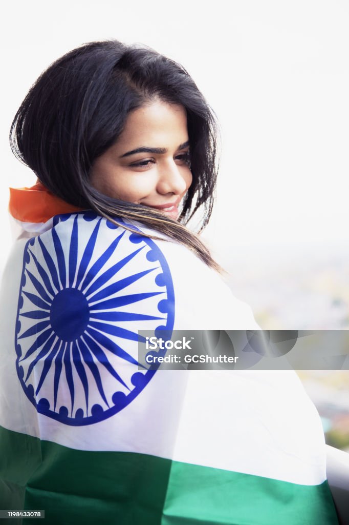 I Love My Country Indian Girl Standing With An Indian Flag Stock Photo -  Download Image Now - iStock