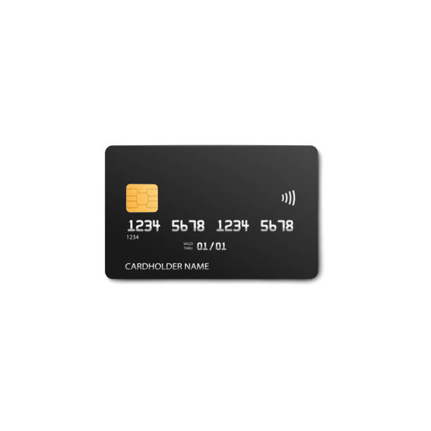Black credit card template with realistic silver bank number and cardholder name Black credit card template with realistic silver bank number and cardholder name - isolated debit shopping card mockup with gold chip - vector illustration. credit card stock illustrations