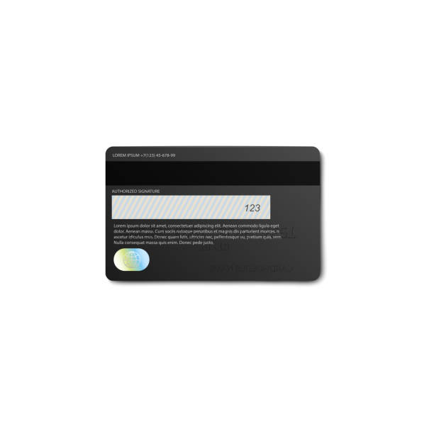Back view of black credit or debit bank card with magnetic strip Back view of black credit or debit bank card with magnetic strip and CVC secret number isolated on white background - realistic mockup vector illustration. cvc stock illustrations