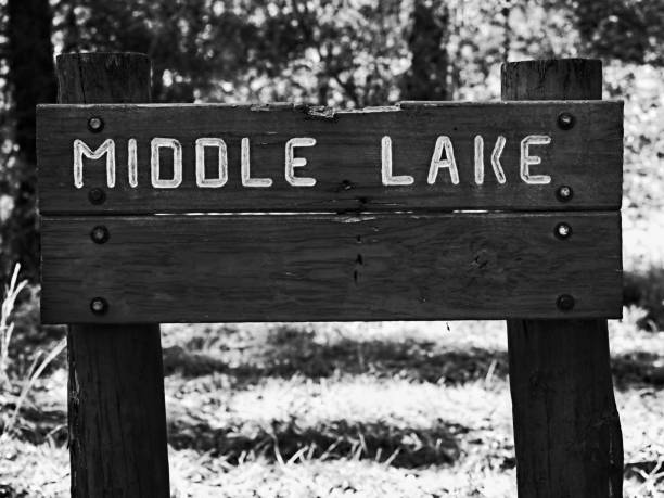 istock Middle Lake Wooden Sign B&W 1198435878