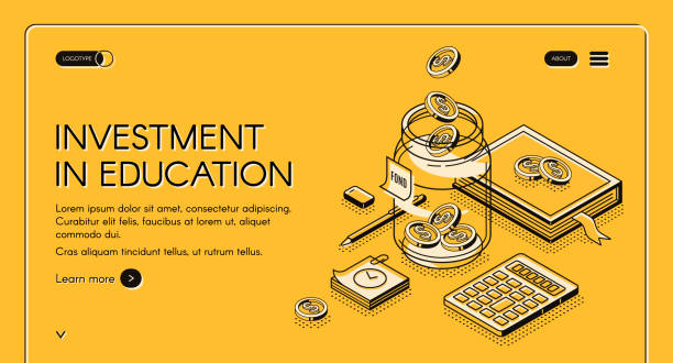 Investment in education isometric landing page Investment in education isometric landing page. Scholarship, university studying credit. Dollar coins falling to glass jar with books and stationary around 3d vector illustration line art web banner banking backgrounds stock illustrations