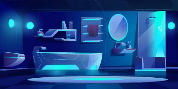 Vector illustration of Futuristic bathroom interior furniture and stuff