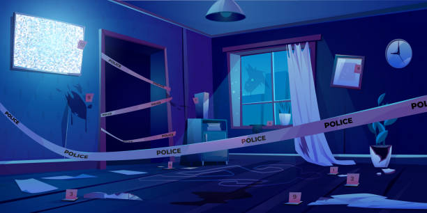 Crime scene at night, murder place in dark room Crime scene at night, murder place in dark room fenced with police tape, chalk line silhouette of dead body on floor, evidence knife blood spots, broken window in apartment Cartoon vector illustration damaged fence stock illustrations