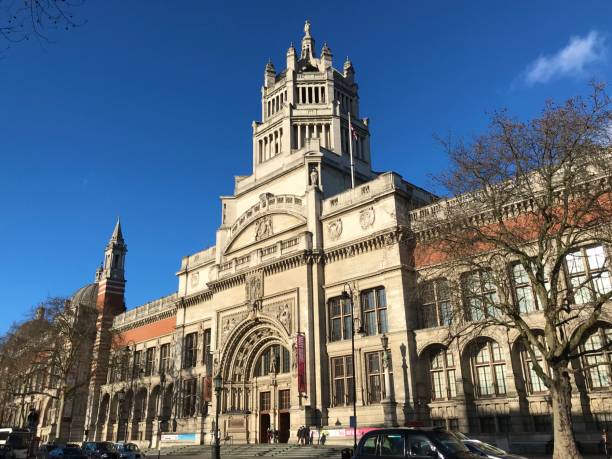 Victoria and Albert Museum London exterior London, United Kingdom - January 9 2020: Victoria and Albert Museum exterior street view in Knightsbridge with clear blue sky royal albert hall stock pictures, royalty-free photos & images