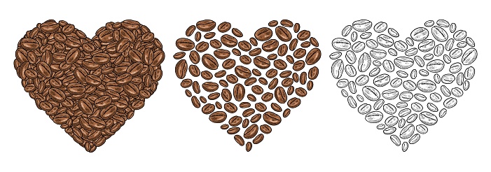 Coffee beans composition heart shaped. Vintage vector color engraving illustration isolated on white background. Hand drawn design element for label and poster