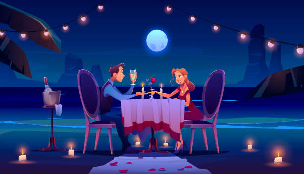 illustrazioni stock, clip art, cartoni animati e icone di tendenza di coppia in spiaggia notturna hanno cena romantica data - date night