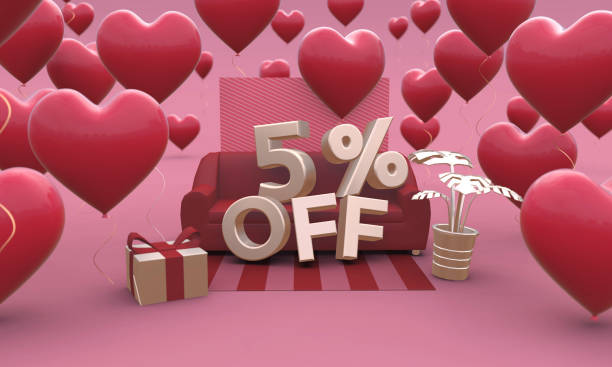 istock 5 Five percent off - Valentines Day Sale 3D illustration. 1198439596