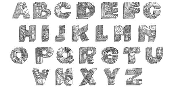 istock Hand drawing geometric ornamented alphabet. Simple black outline ABC illustrations for coloring pages, wallpapers, prints, cards, posters. Monochrome head letters on white isolated background. 1198439791
