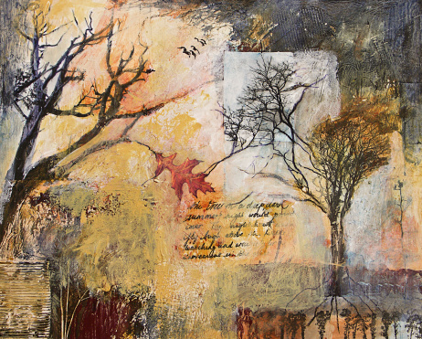 Mezclan medios collage de pintura con árboles de invierno y hoja de roble photo