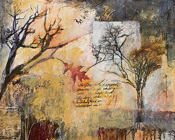 Mixed media collage painting with winter trees and oak leaf stock photo