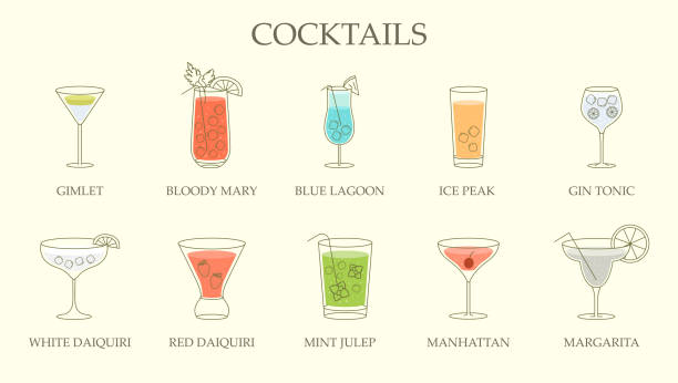 Set of line drawings of different cocktails Set of line drawings of different cocktails in assorted shaped glasses with explanatory text below over an off white background. Vector illustration margarita illustrations stock illustrations