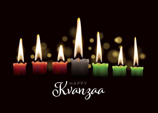 ilustraciones, imágenes clip art, dibujos animados e iconos de stock de plantilla de tarjeta kwanzaa feliz con siete velas - kwanzaa