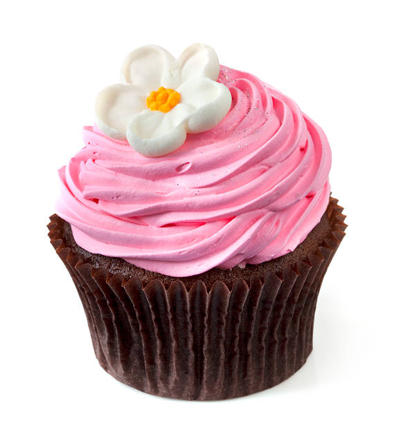 istock Chocolate cupcake with pink frosting and a flower on white 119844445