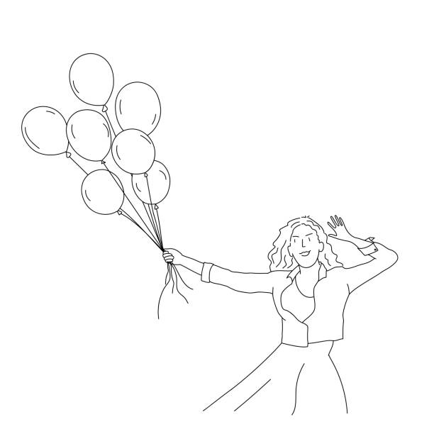 ilustraciones, imágenes clip art, dibujos animados e iconos de stock de dibujo de líneas de chica con globos. - child balloon happiness cheerful