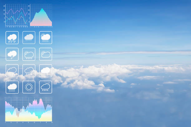 Dramatic atmosphere panorama view of beautiful blue sky and soft white clouds from aircraft with graph and chart data for presentation report background.