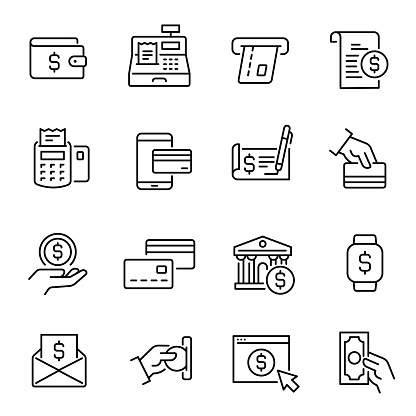 Payment methods, money transactions vector icons set. Account management types monochrome simple symbols pack. Financial operations logotypes collection isolated on white background