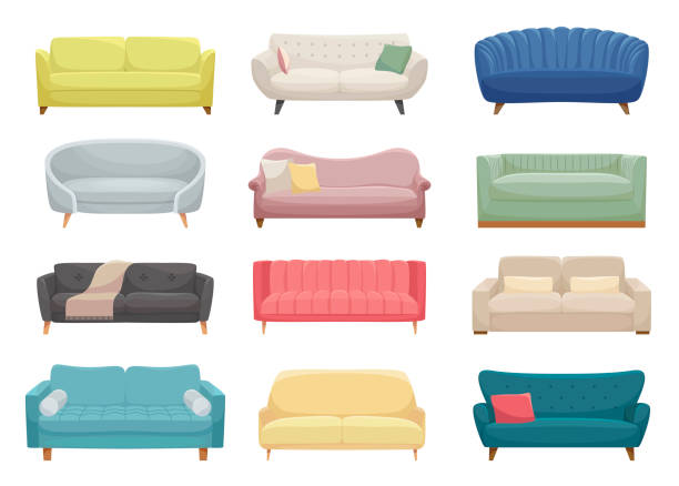 Sofas, furniture pieces flat vector illustrations set Sofas, furniture pieces flat vector illustrations set. Modern and vintage interior items, couches and divans pack. Room furnishing, cartoon beds collection isolated on white background bed furniture illustrations stock illustrations