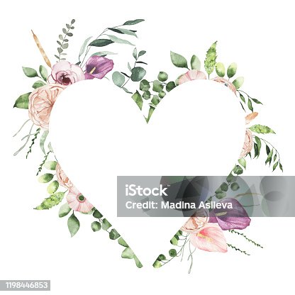istock Watercolor Valentines Day floral heart frame with calla lily rose greenery leaves isolated 1198446853