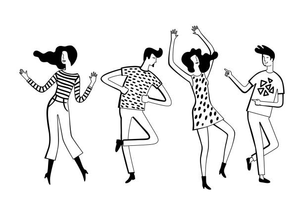 dance_3 Two girls and two guys dancing at a party. Black and white image. dancing illustrations stock illustrations