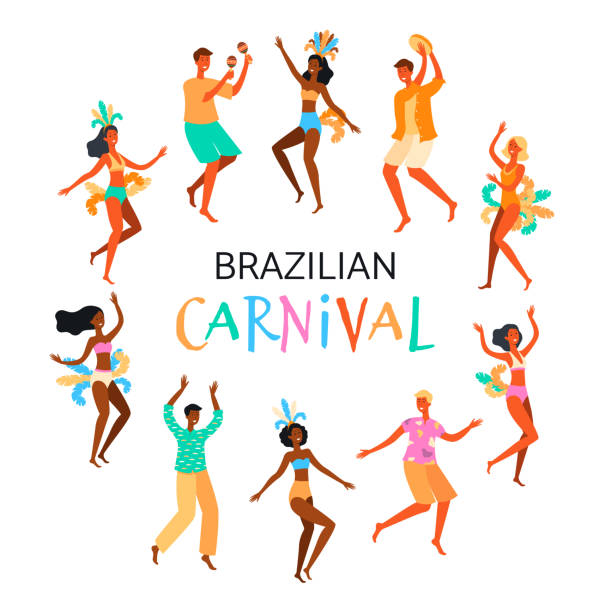 ilustraciones, imágenes clip art, dibujos animados e iconos de stock de cartel del carnaval brasileño con gente bailarina ilustración vectorial plana aislada. - rio de janeiro carnival samba dancing dancing