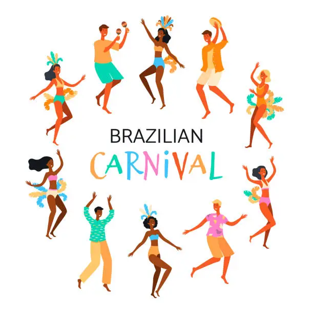 Vector illustration of Brazilian Carnival poster with dancing people flat vector illustration isolated.