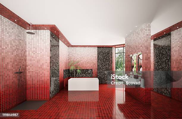 Modern Bathroom Interior 3d Render Stock Photo - Download Image Now - Red, Tile, Bathroom