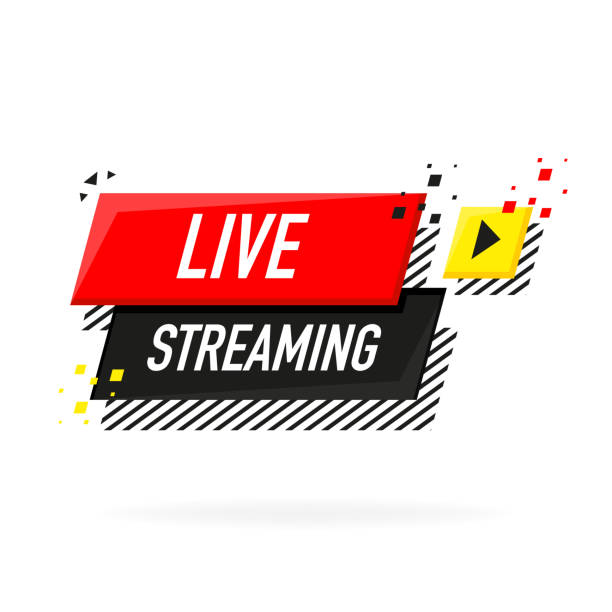 Live streaming logo - red vector design element with play button for news and TV or online broadcasting Live streaming logo - red vector design element with play button for news and TV or online broadcasting. logo tv stock illustrations