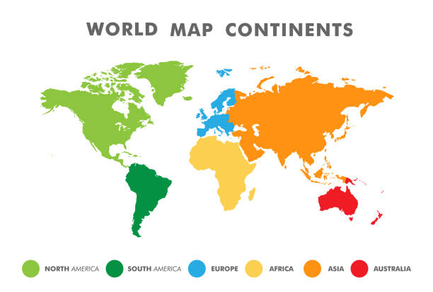 ilustraciones, imágenes clip art, dibujos animados e iconos de stock de mapa del mundo dividido en seis continentes en diferentes colores. - world map