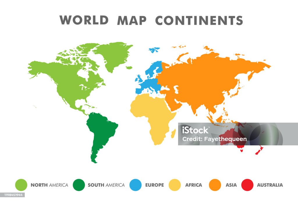 Carte du monde divisée en six continents de couleur différente. - clipart vectoriel de Planisphère libre de droits