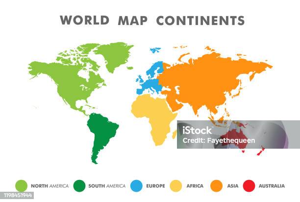 Carte Du Monde Divisée En Six Continents De Couleur Différente Vecteurs libres de droits et plus d'images vectorielles de Planisphère