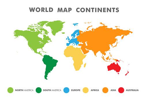 World map divided into six continents in different color.