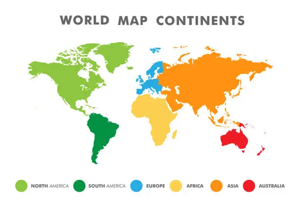 Vector illustration of World map divided into six continents in different color.