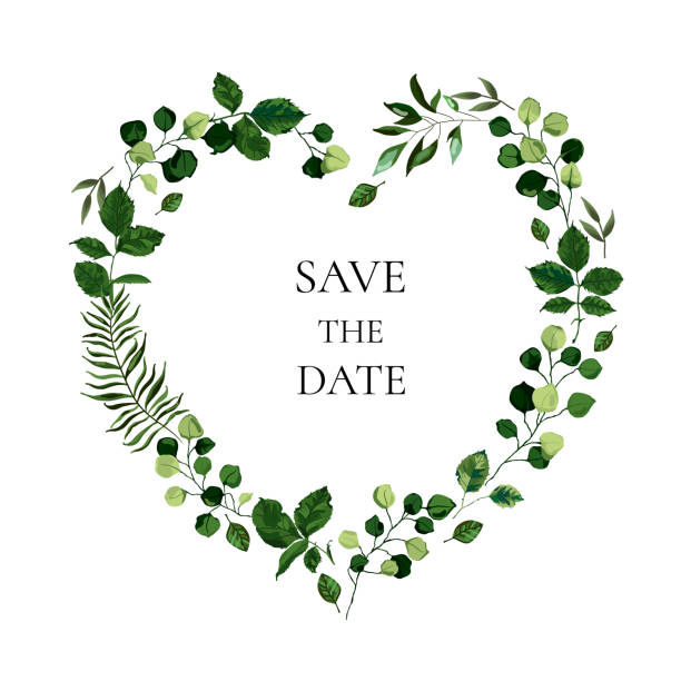 ślub kwiatowy zaprosić kartę zapisać projekt daty z botanicznych zielonych liści ziół kształt serca - botanic stock illustrations