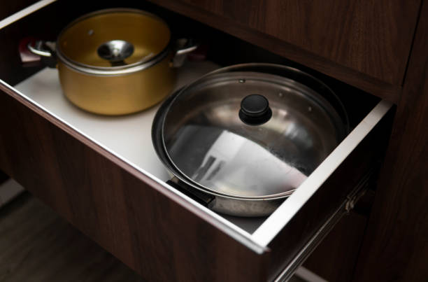 istock Metal chromed pots in a drawer in a modern kitchen. 1198452083
