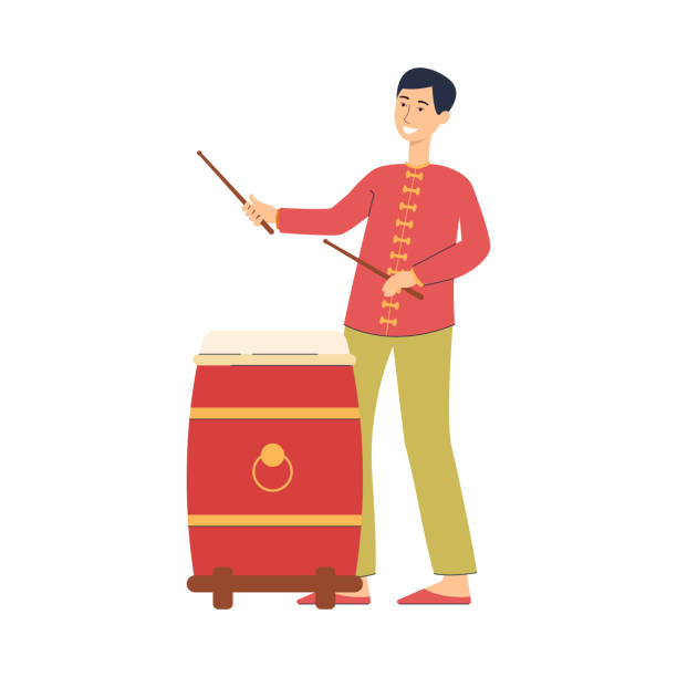cartoon man gra czerwony chiński bęben w tradycyjnym kostiumie festiwalowym - drum beats stock illustrations