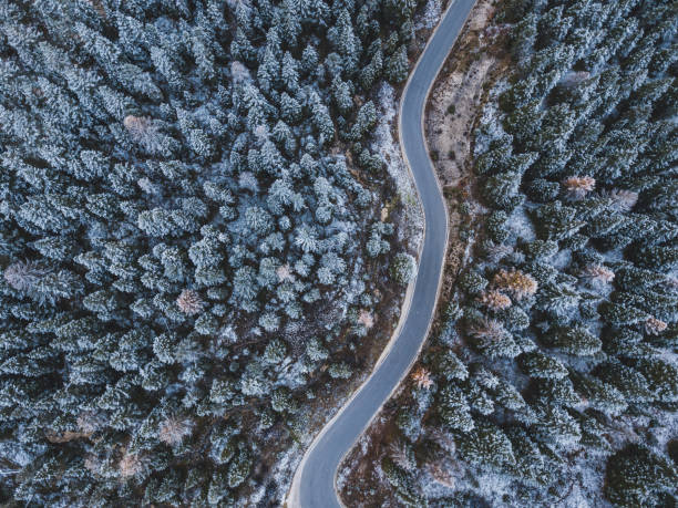 schöne straße im winter wald top-blick von oben, luftlandschaft - zoom out stock-fotos und bilder