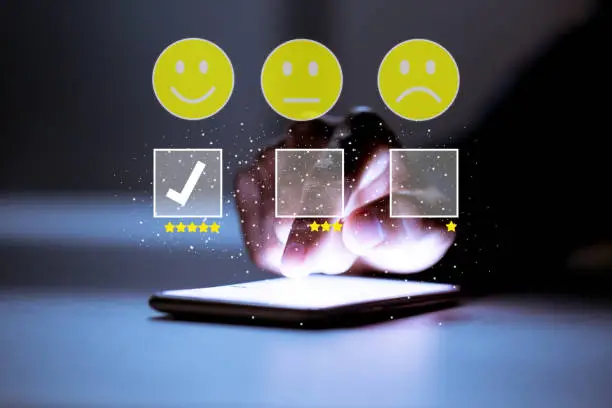 Photo of Business customer pressing smiley face emoticon online, Service rating, satisfaction concept.