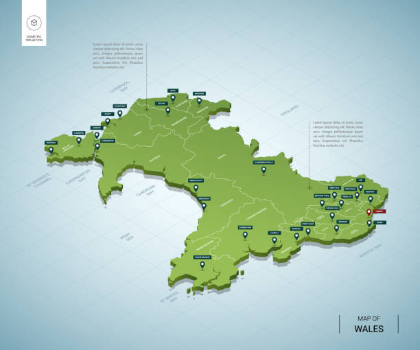 Stylized map of Wales. Isometric 3D green map with cities, borders, capital Cardiff, regions. Vector illustration. Editable layers clearly labeled. English language. Stylized map of Wales. Isometric 3D green map with cities, borders, capital Cardiff, regions. Vector illustration. Editable layers clearly labeled. English language. 3d uk map stock illustrations