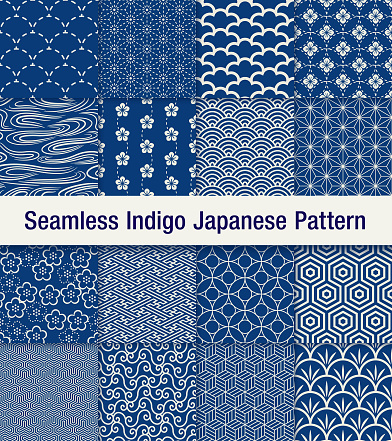 A set of 16 traditional Japanese seamless pattern set in blue. The shadow is at the top layer and can be removed easily.