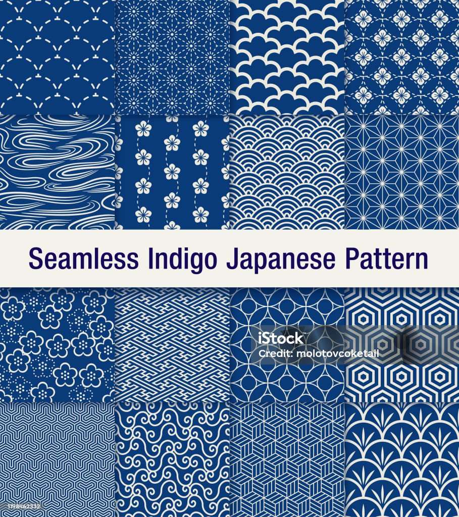 indigo japanese seamless pattern set A set of 16 traditional Japanese seamless pattern set in blue. The shadow is at the top layer and can be removed easily. Pattern stock vector
