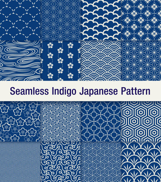indigo japanese seamless pattern set A set of 16 traditional Japanese seamless pattern set in blue. The shadow is at the top layer and can be removed easily. japanese culture stock illustrations