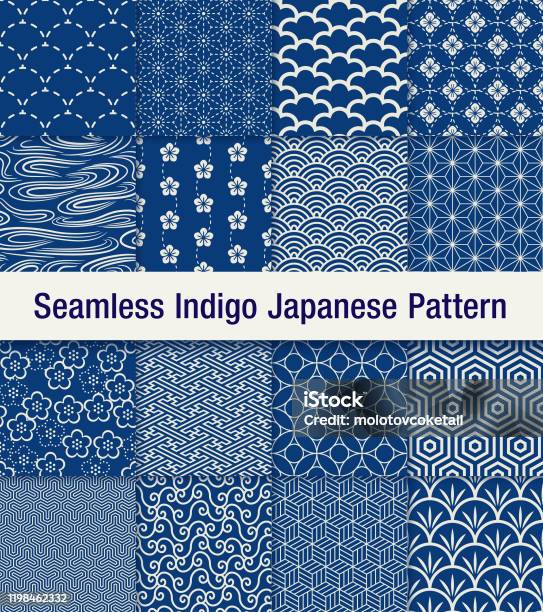 Indigo Japanese Seamless Pattern Set Stock Illustration - Download Image Now - Pattern, Japanese Culture, Seamless Pattern