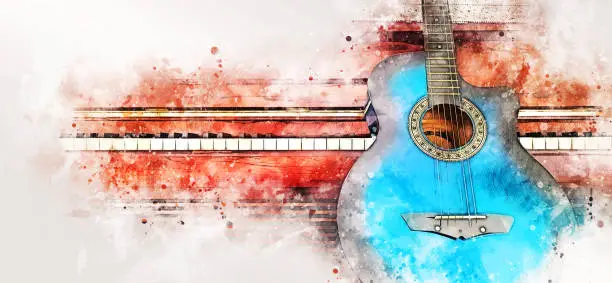 Photo of Abstract colorful guitar and piano keyboard on watercolor illustration painting background.