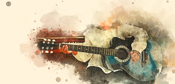 Abstract colorful playing acoustic guitar on watercolor illustration painting background.