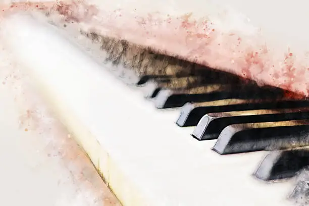 Photo of Abstract colorful piano keyboard on watercolor illustration painting background.