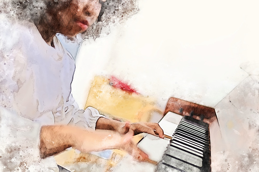 Abstract beautiful hand playing keyboard of the piano foreground Watercolor painting background and Digital illustration brush to art.
