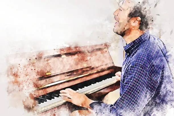 Photo of Abstract man playing keyboard of the piano foreground Watercolor painting background and Digital illustration brush to art.