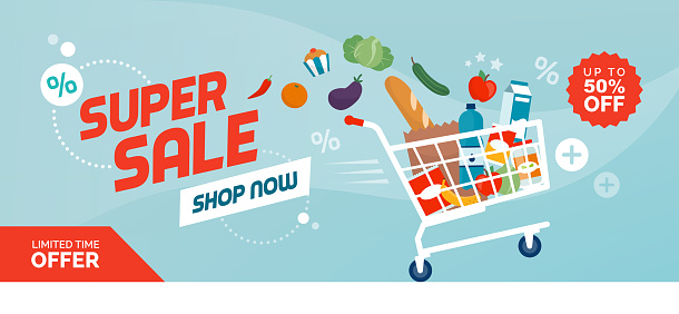 Grocery shopping promotional sale banner: fast shopping cart full of fresh colorful food