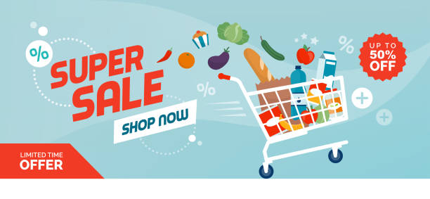 Grocery shopping promotional sale banner Grocery shopping promotional sale banner: fast shopping cart full of fresh colorful food discount store illustrations stock illustrations